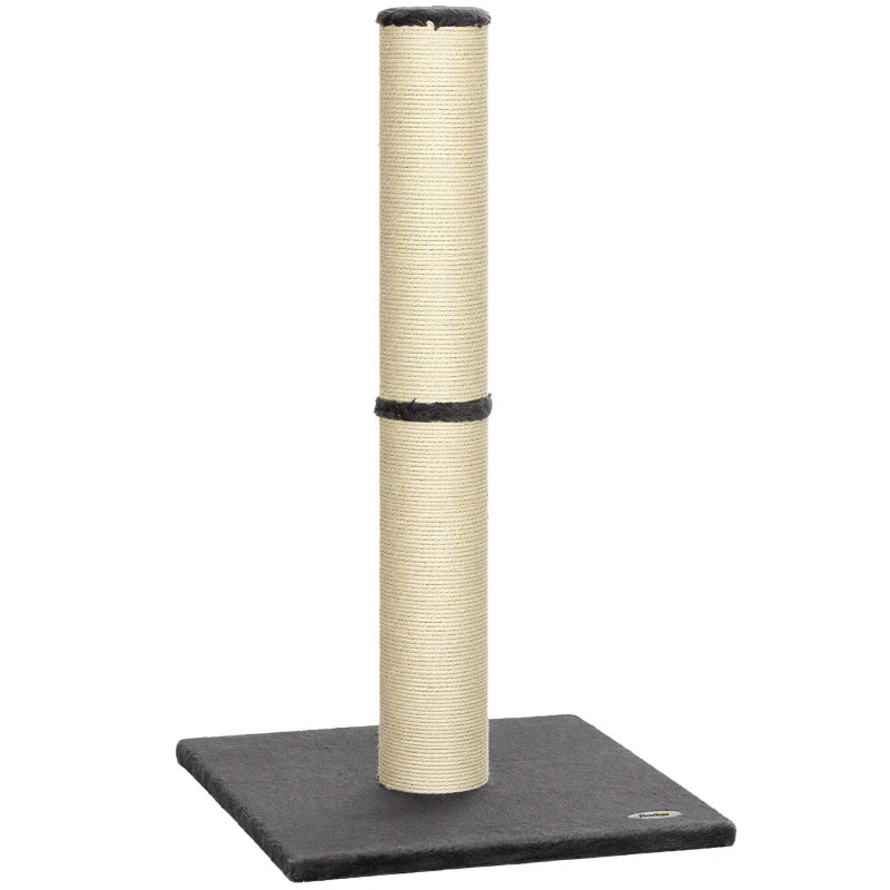 Cat scratching post with beige sisal rope and dark grey plush base