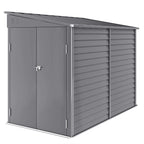 Grey metal garden shed with double lockable doors and louvered vent panel