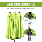 Lime green double-side umbrella parasol showing easy-folded canopy on black pole