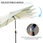 Beige tilting umbrella with push-tilt adjustment and ribbed canopy on black pole