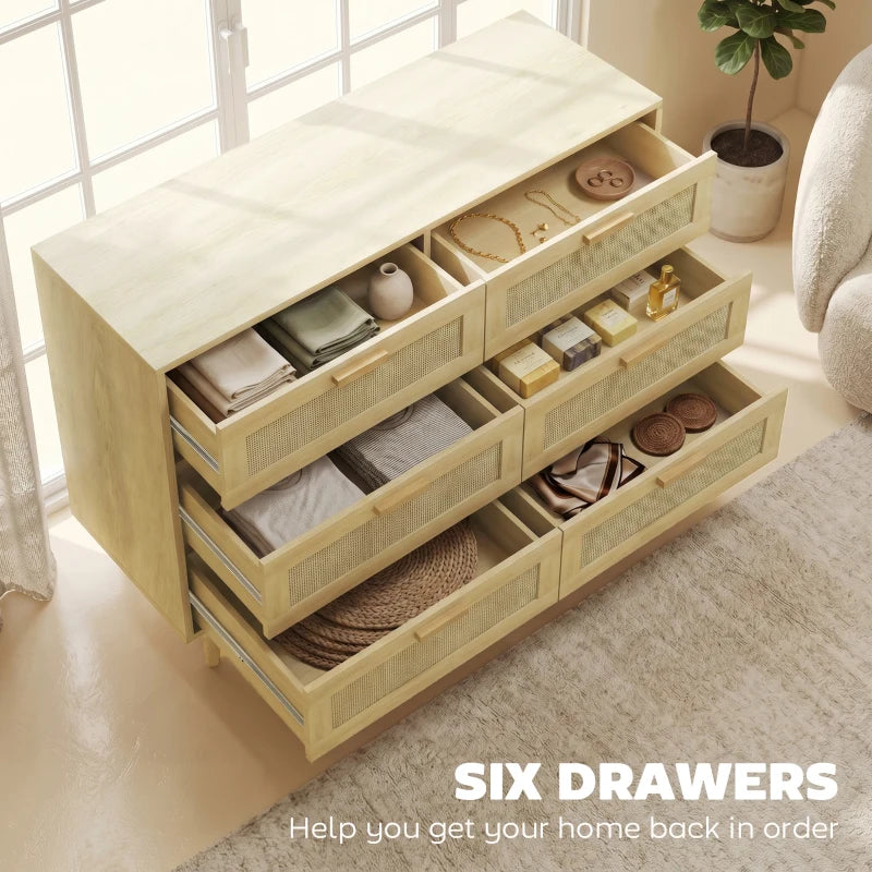 Light oak dresser with six drawers; rattan fronts and an open drawer section.