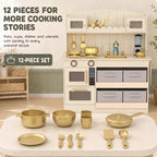 Cream play kitchen with two ovens and four fabric drawers plus gold cookware set