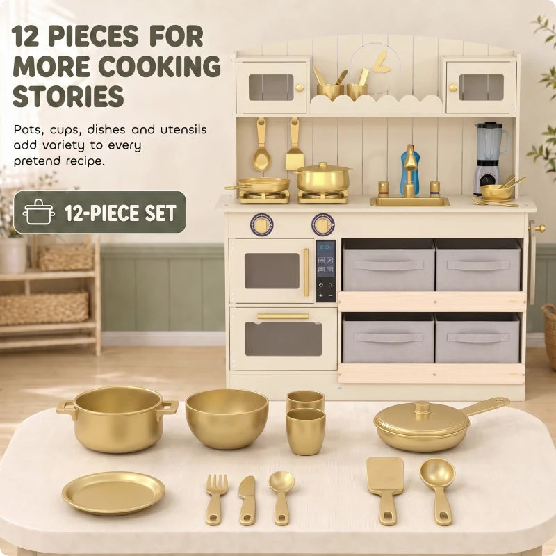 Cream play kitchen with two ovens and four fabric drawers plus gold cookware set