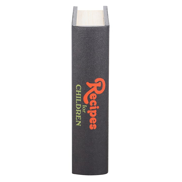 Black book-shaped container with 'Recipes for Children' text on a white background