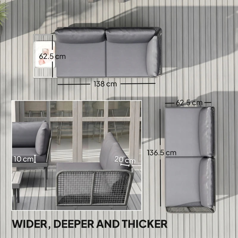 Grey rattan sectional sofa with thick padded cushions and modular corner seating