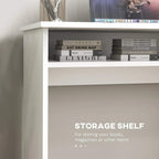 White wood-grain desk with storage shelf and books on middle tier under tabletop