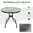 Black round bistro table with tempered glass tabletop and tripod steel frame