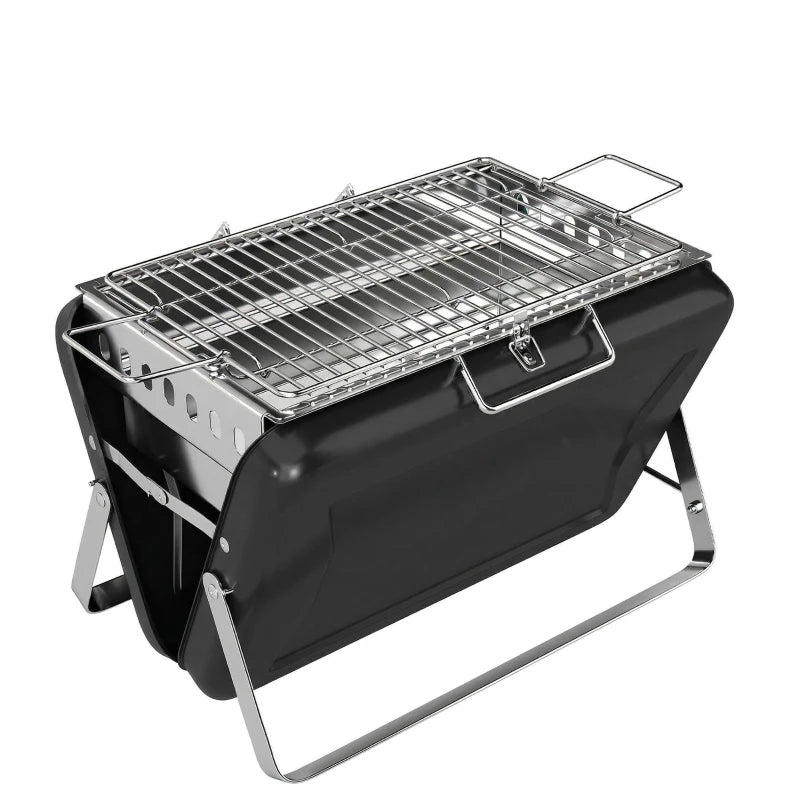Portable charcoal grill with stainless steel cooking grate, black body and side handles