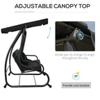 Black adjustable canopy top on three-seater garden swing bed with padded seat