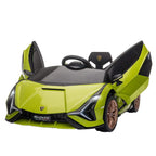 Green ride-on electric toy car with black seats and Lamborghini Sian styling, front 3/4