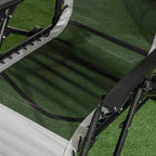 Grey seat and footrest area with straps on black folding frame
