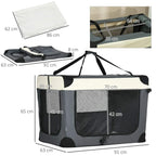 Grey foldable pet carrier with dimensions, roof straps, and zippered front door