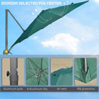 Green polyester cantilever umbrella with air vent and protected ribs detail