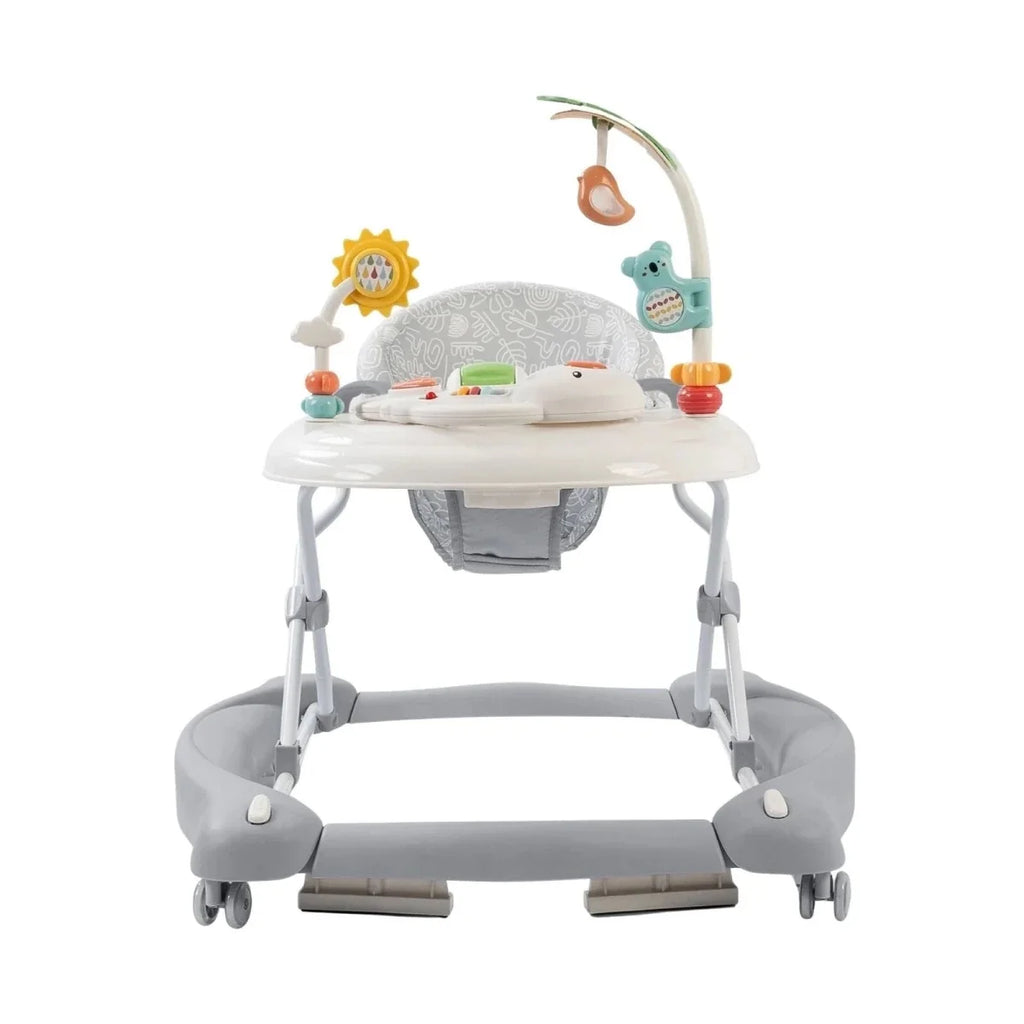 Baby activity walker with gray seat, white tray, and dangling woodland toy arch