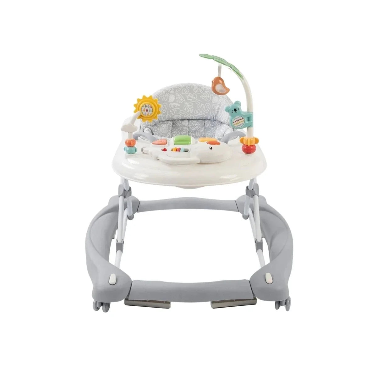 Baby activity walker with gray base, white tray, and woodland-themed toy bar