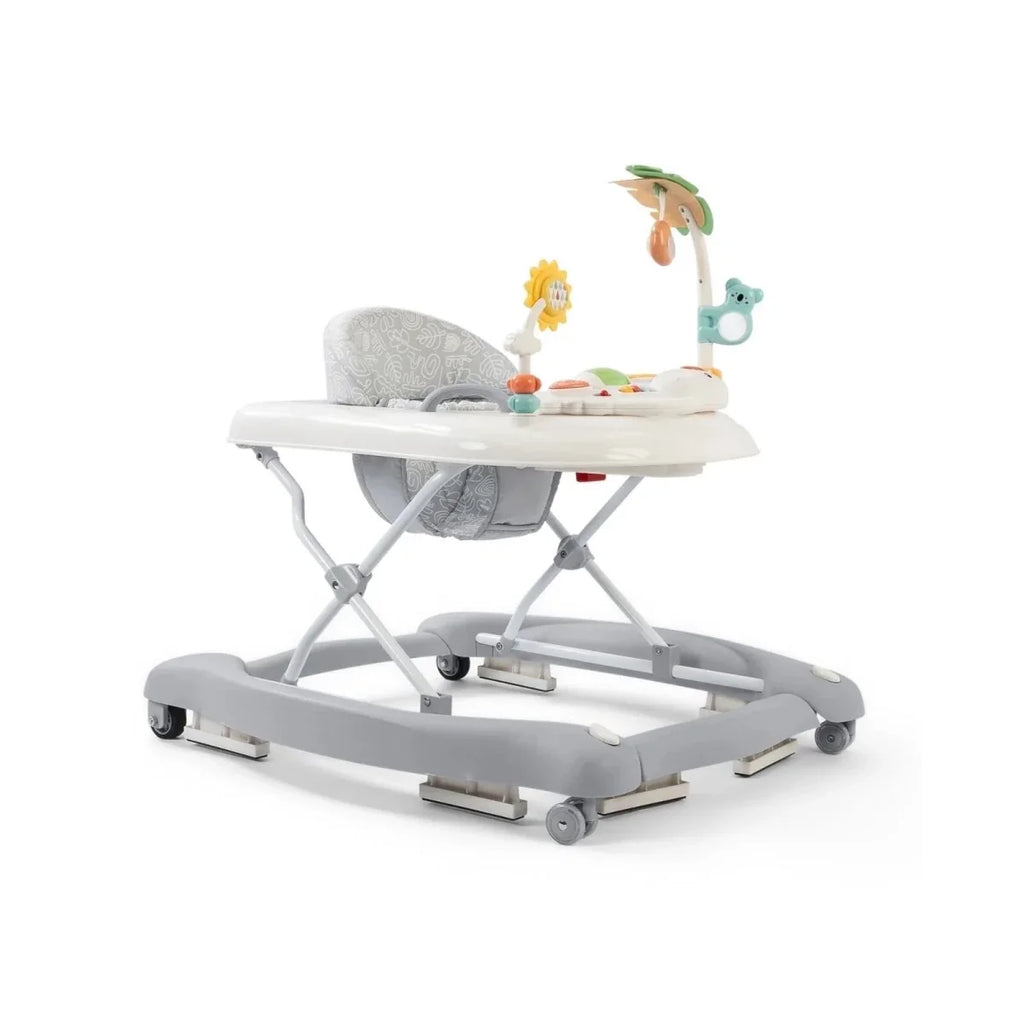 Baby activity walker, side view: gray frame with white seat and toy attachment