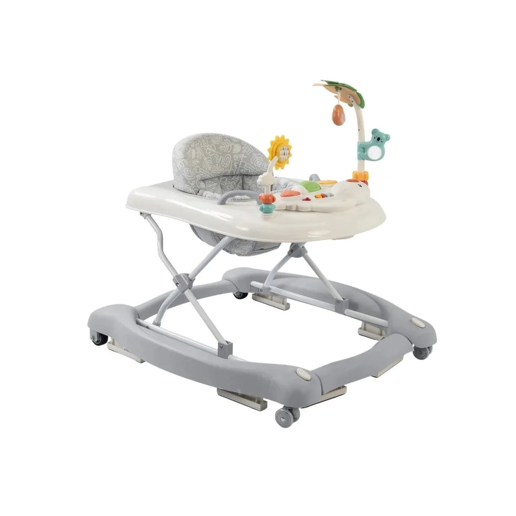 Baby activity walker, angled view with gray base, white tray, and hanging toys