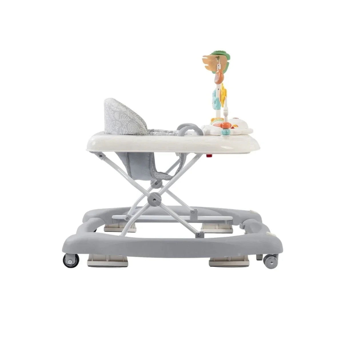 Baby activity walker, front view: gray seatback and white activity tray
