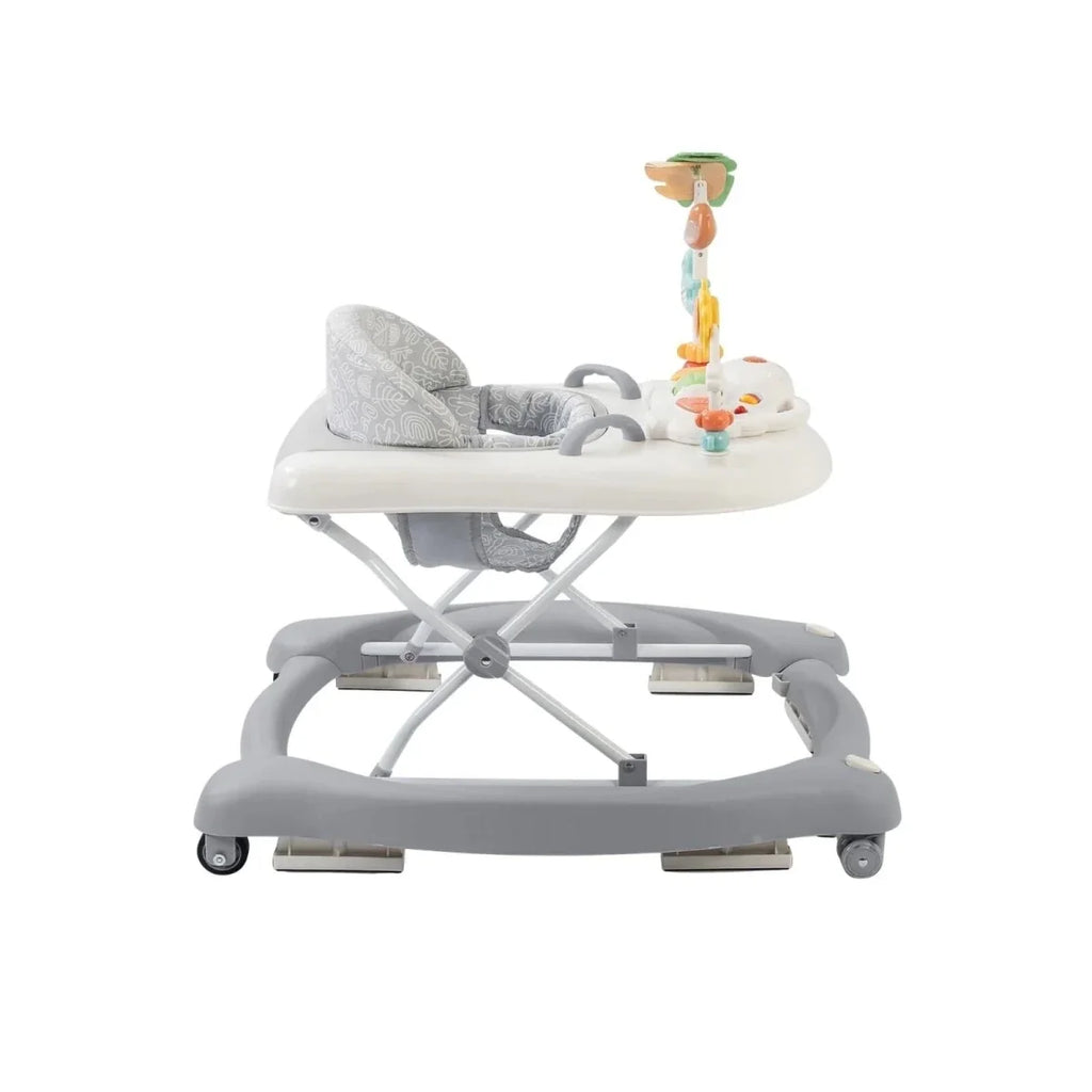 Baby activity walker, three-quarter view with gray base and white seat tray