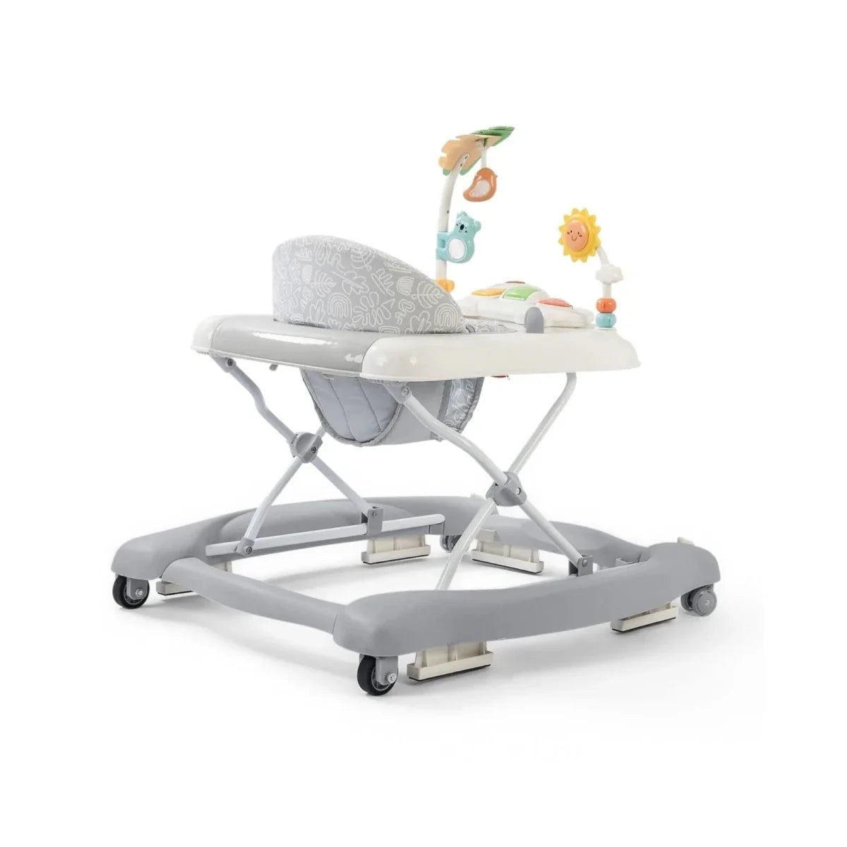 Baby activity walker, angled view: gray cushion seat and toy play arch