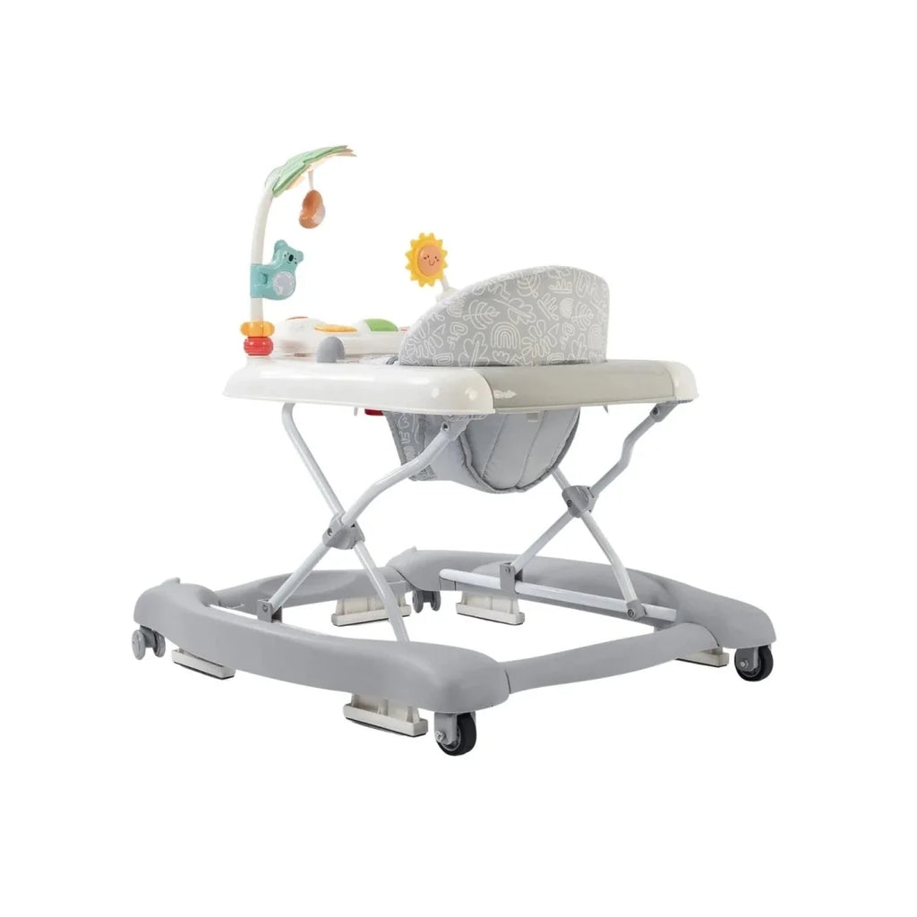 Baby activity walker, side view: white tray with attached woodland toy pieces
