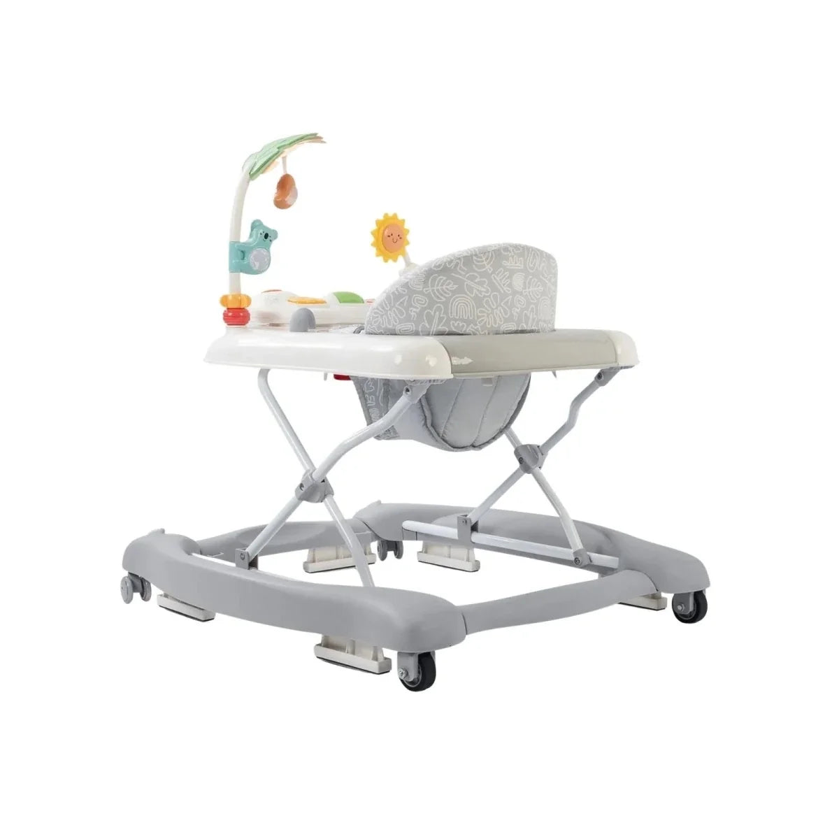 Baby activity walker, side view: white tray with attached woodland toy pieces