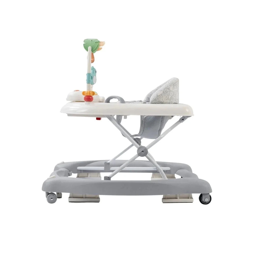 Baby activity walker, back view: gray base with caster wheels and toy stem