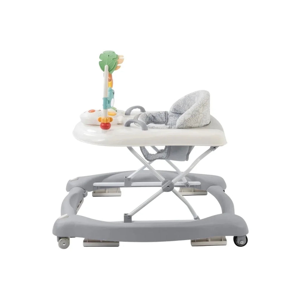 Baby activity walker, side view: gray padded seat and hanging toy activity bar