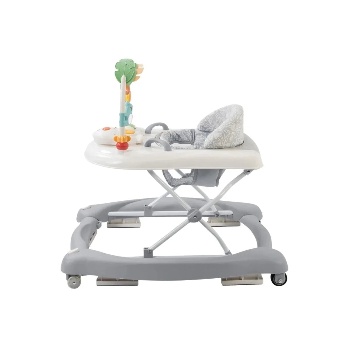 Baby activity walker, side view: gray padded seat and hanging toy activity bar