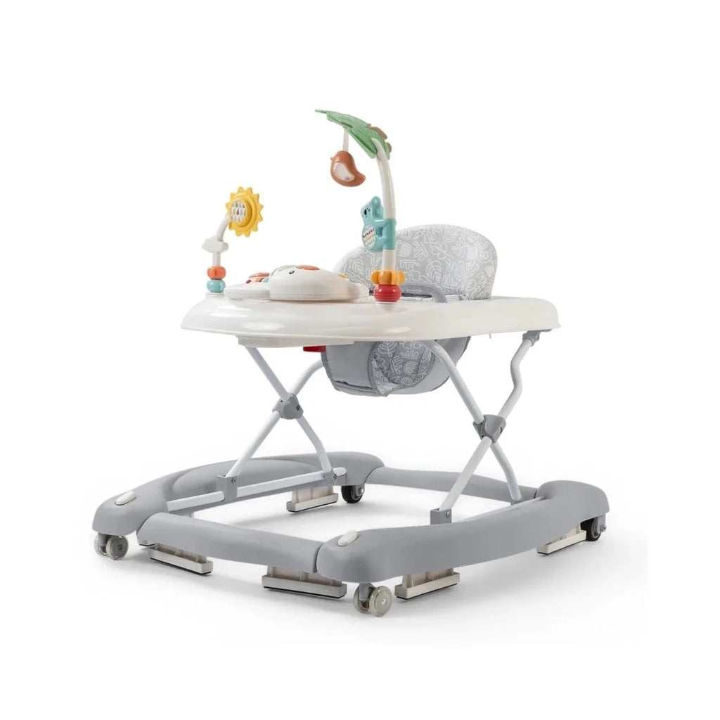 Infant activity walker with twist-and-walk base, grey and white, aqua toy bar