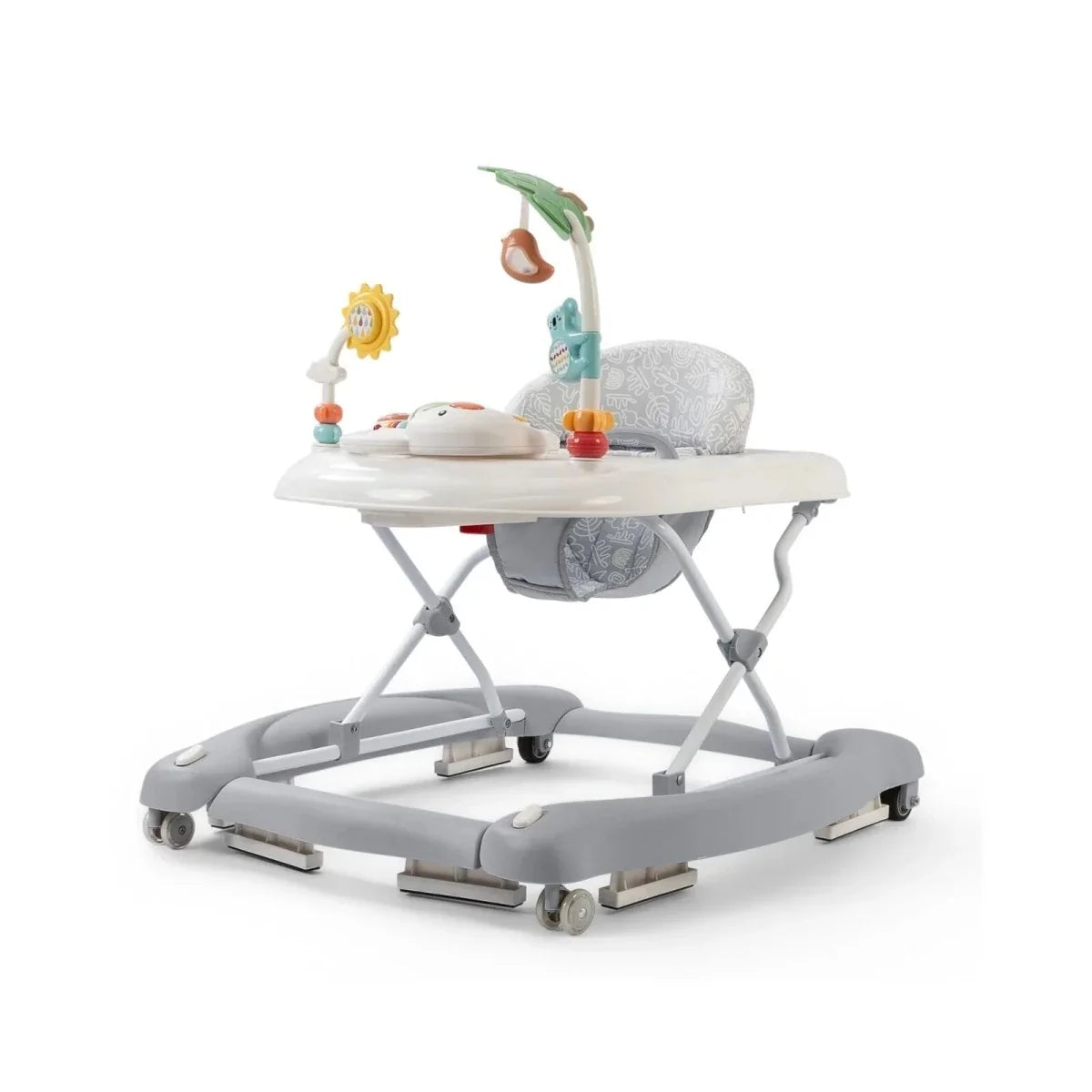 Infant activity walker with twist-and-walk base, grey and white, aqua toy bar