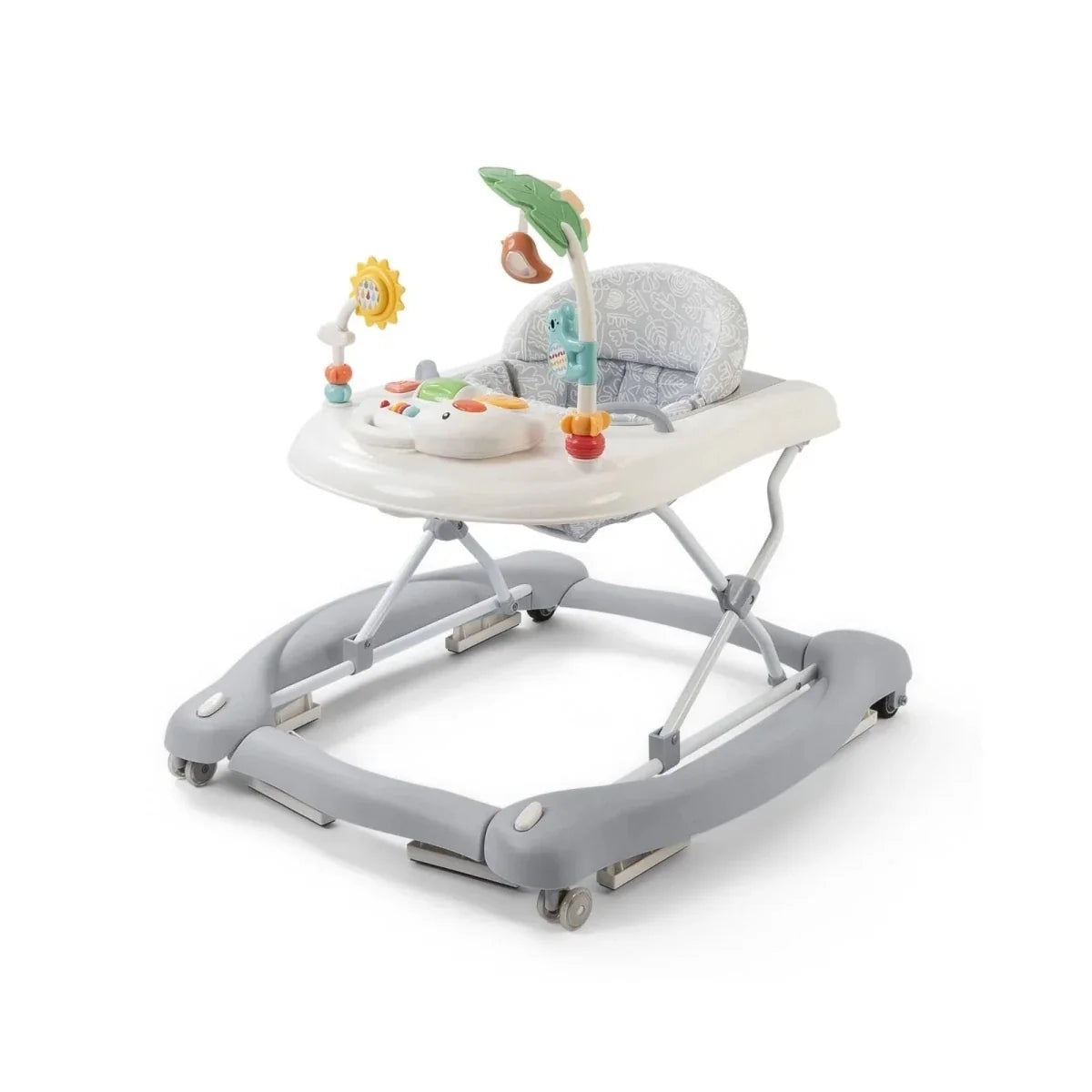Infant activity walker with swivel seat, white tray and grey frame, hanging toys