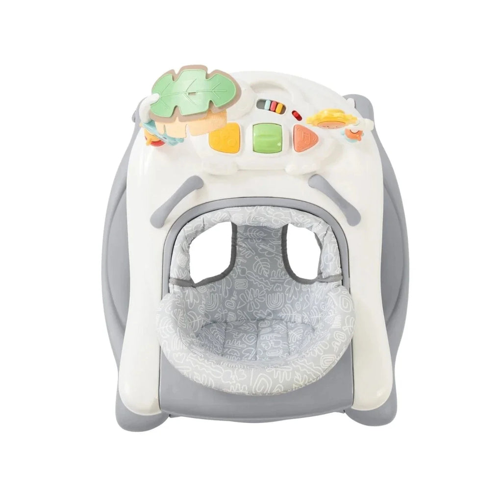 Infant walker seat cover in grey fabric with patterned cutout window