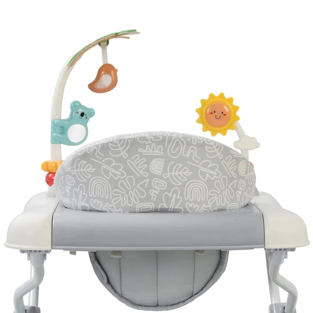 Infant walker seat with grey patterned cushion and attached hanging activity toys
