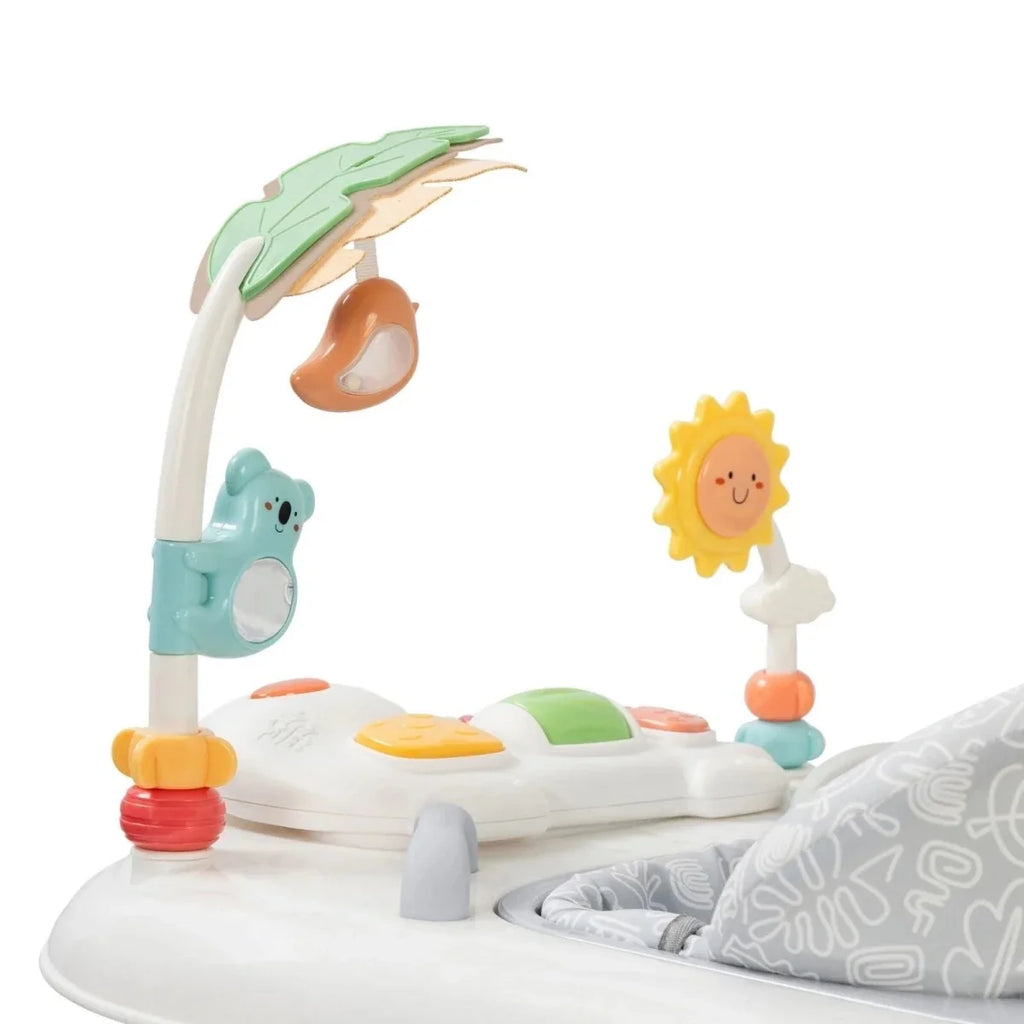 Infant activity walker top view: hanging toys on aqua frame above seat