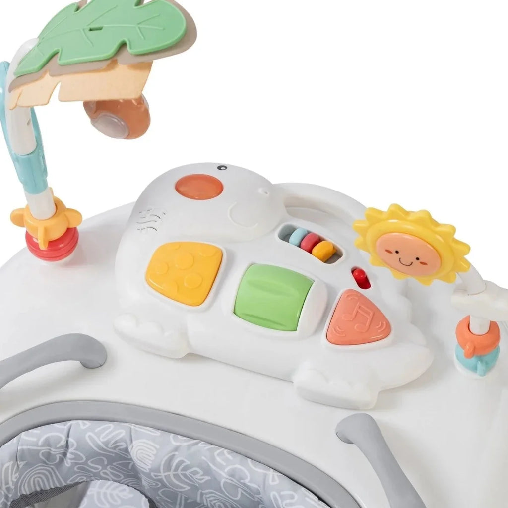 Infant walker control panel with shaped buttons and sun and leaf toy accents