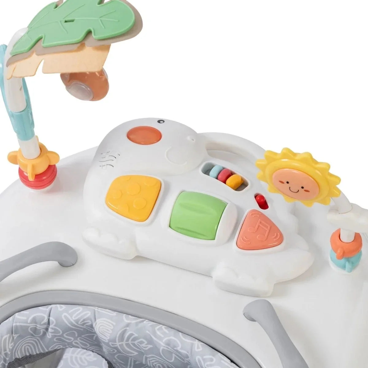 Infant walker control panel with shaped buttons and sun and leaf toy accents