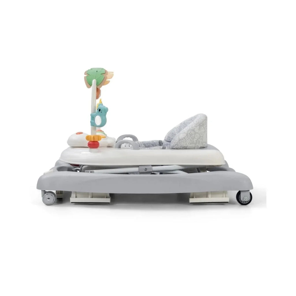 Gray baby activity walker with seat cushion and toy bar, aqua accents