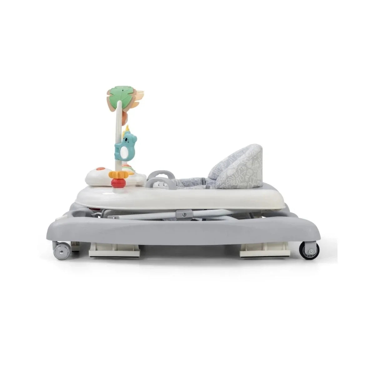 Gray baby activity walker with seat cushion and toy bar, aqua accents