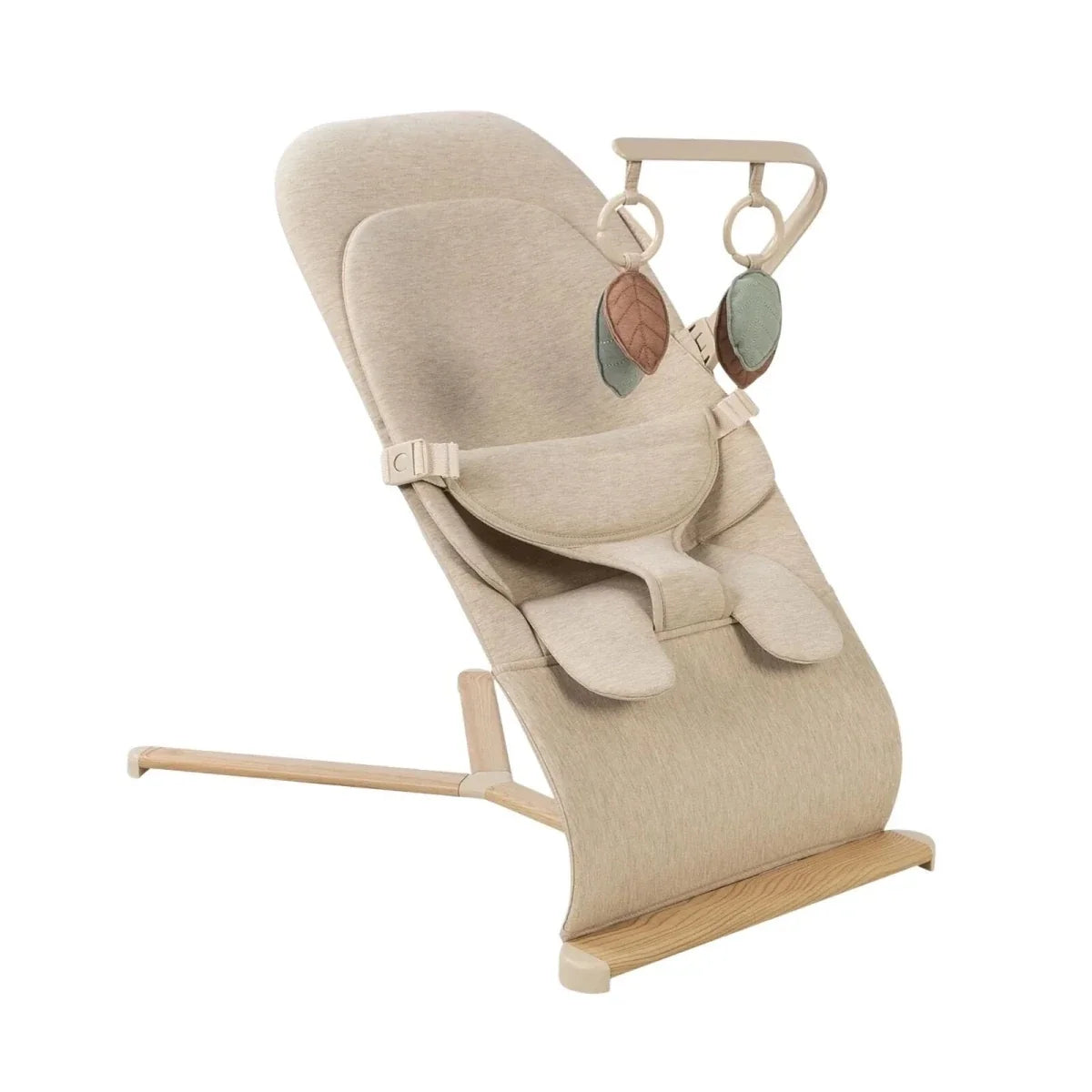 Oatmeal baby bouncer with reclining seat, harness straps, and hanging leaf toy arches
