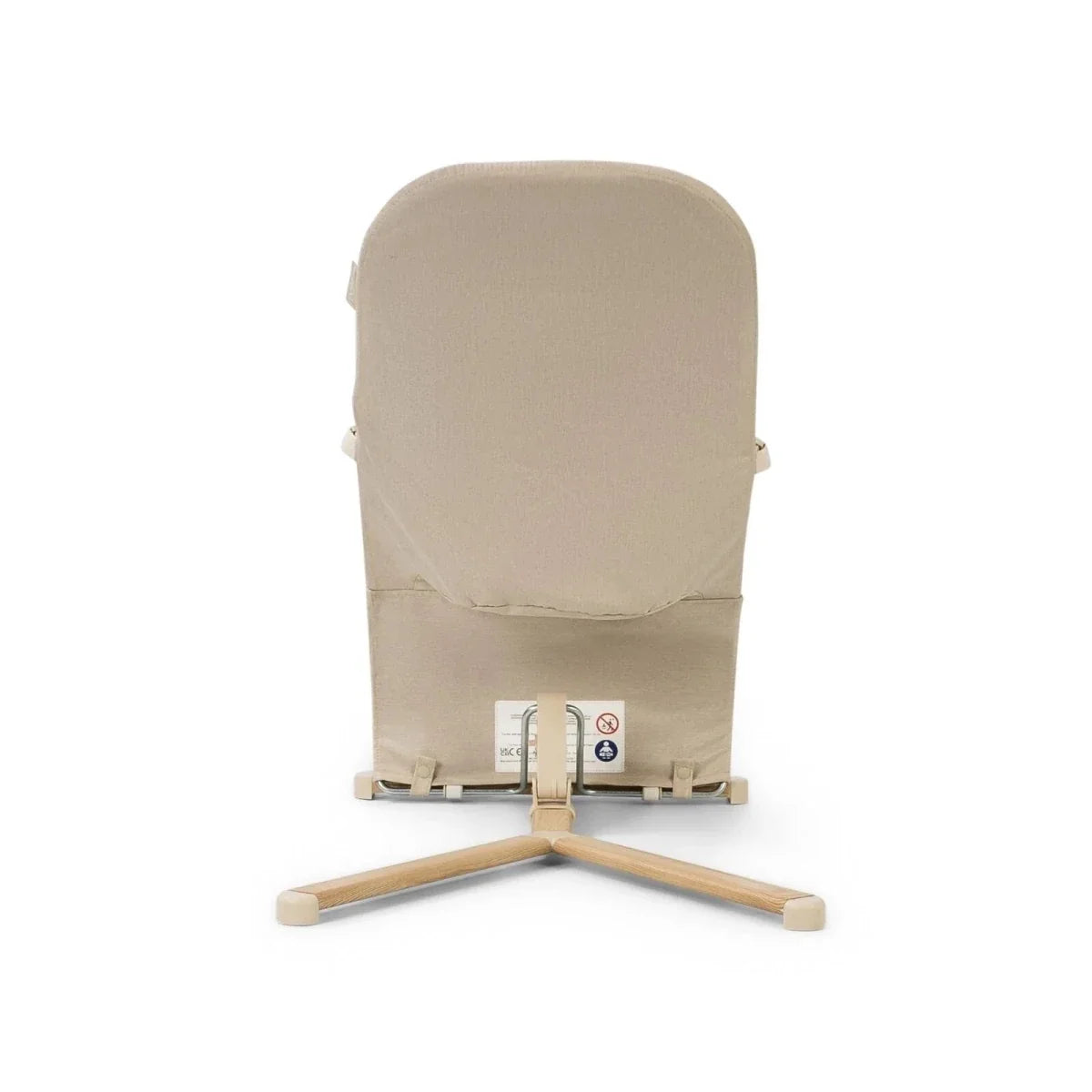 Oatmeal baby bouncer rear view with rounded backrest and wooden cross-legged base