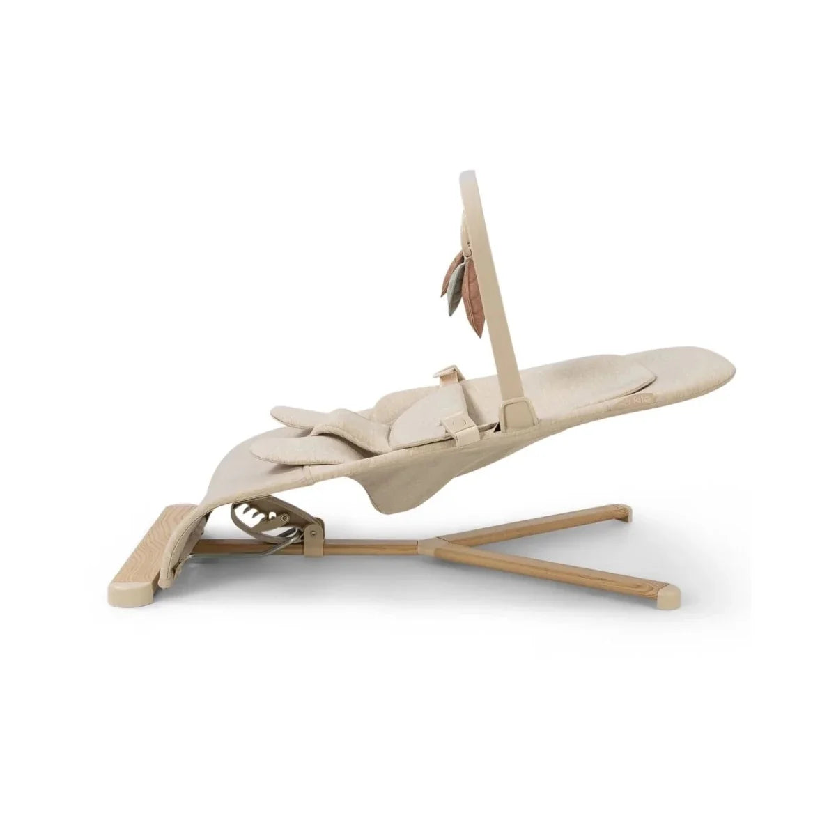 Oatmeal baby bouncer reclined with wooden base runners
