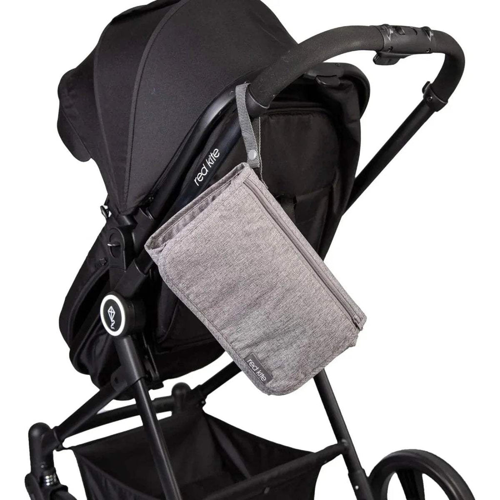 Red Kite changing mat pouch, gray wipe holder attached to a stroller