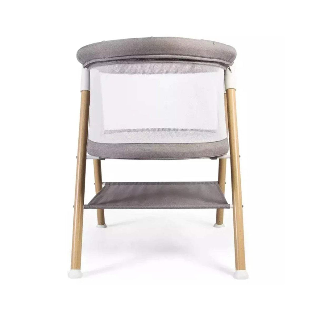 Grey snooze crib with rounded top edge, white sides, wooden frame, open base.
