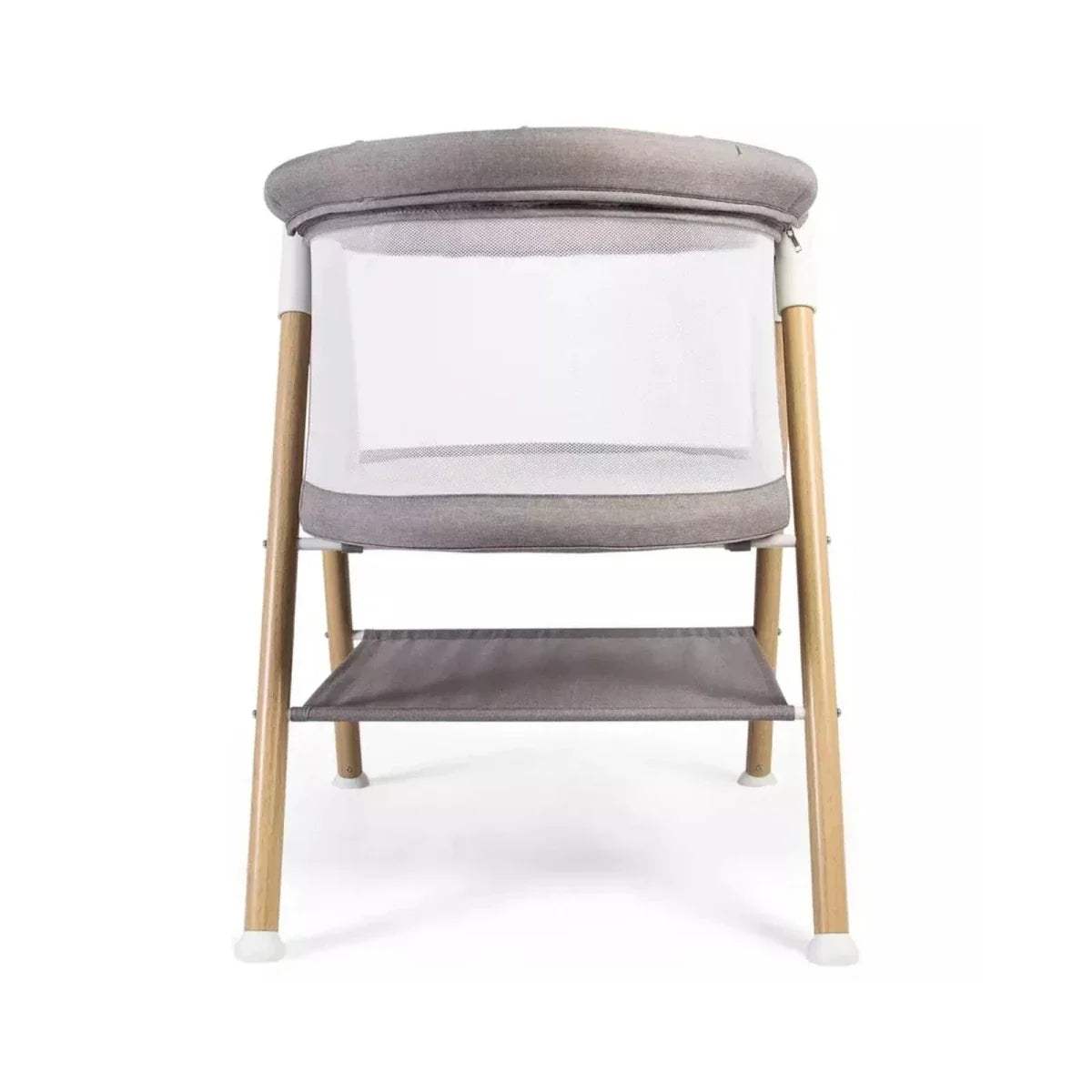 Grey snooze crib with rounded top edge, white sides, wooden frame, open base.