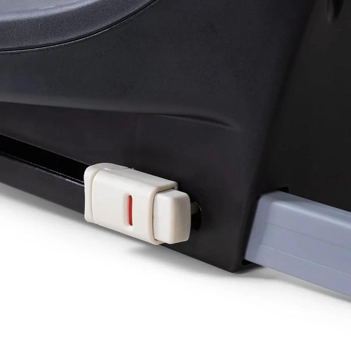 Black ISOFIX base with white safety release latch and red indicator stripe