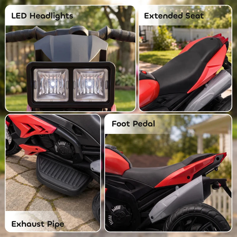 Kids red 3-wheel electric ride-on motorcycle toy with LED headlights, foot pedal, and exhaust