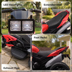 Kids red 3-wheel electric ride-on motorcycle toy with LED headlights, foot pedal, and exhaust