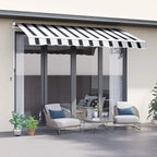 Blue and white striped manual retractable awning over outdoor seating