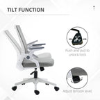 Grey mesh chair with tilt function, flip-up armrests, and swivel base with wheels